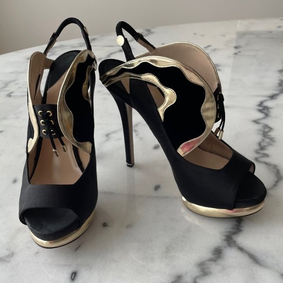 Nicholas Kirkwood Satin, Leather and Velvet Slingback Platform Sandals - Picture 12 of 12